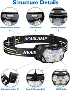Lampe Frontale 9 LED Rechargeable - 2000 Lumens & Capteur de Mouvement