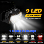 Lampe Frontale 9 LED Rechargeable - 2000 Lumens & Capteur de Mouvement