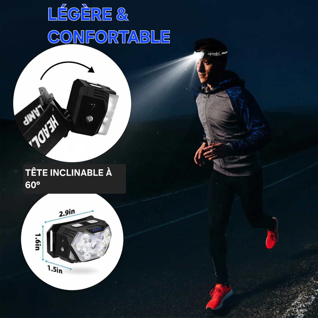 Lampe Frontale 9 LED Rechargeable - 2000 Lumens & Capteur de Mouvement